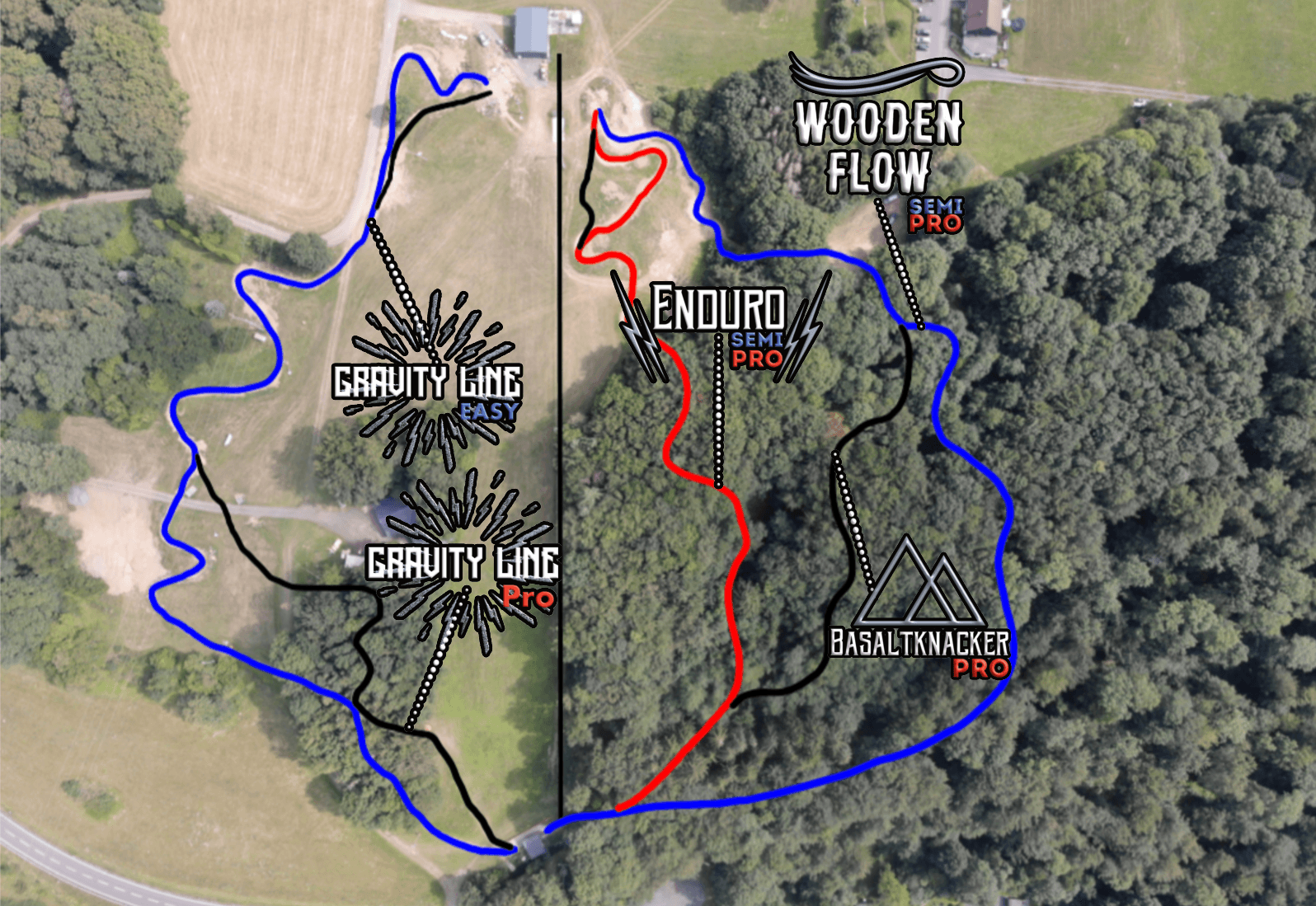 Streckenplan des Bikeparks am Schorrberg mit Gravity Line, Enduro, Wooden Flow und Basaltknacker