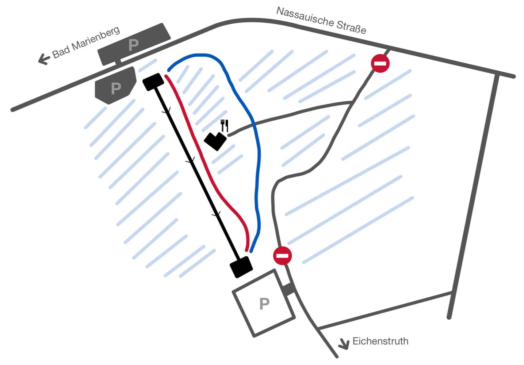 Lageplan des Ski-Hangs am Schorrberg mit Pisten, Lift und Parkplätzen